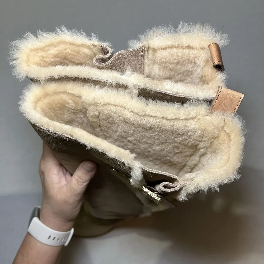 Tory Burch tan suede shearling-lined wedge boots, 9/9.5 (est)